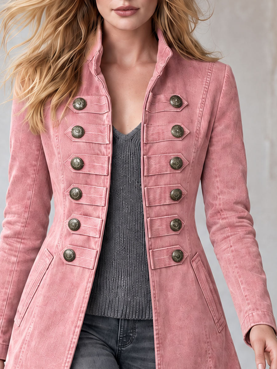 Retro Chic Tassel Pink Double-breasted Denim Coat