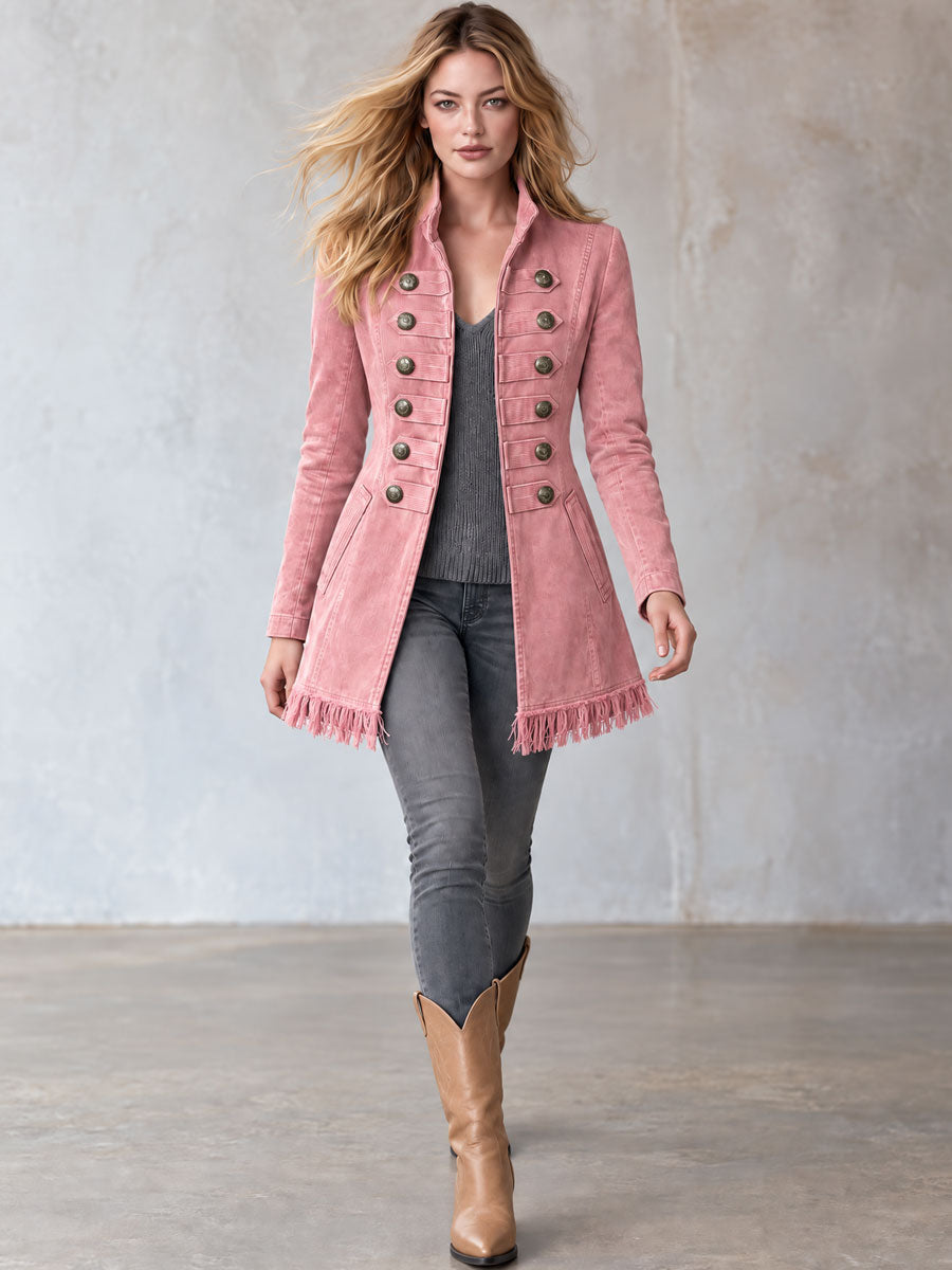 Retro Chic Tassel Pink Double-breasted Denim Coat