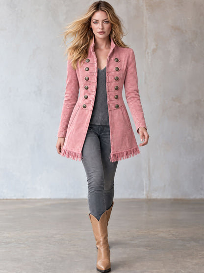 Retro Chic Tassel Pink Double-breasted Denim Coat