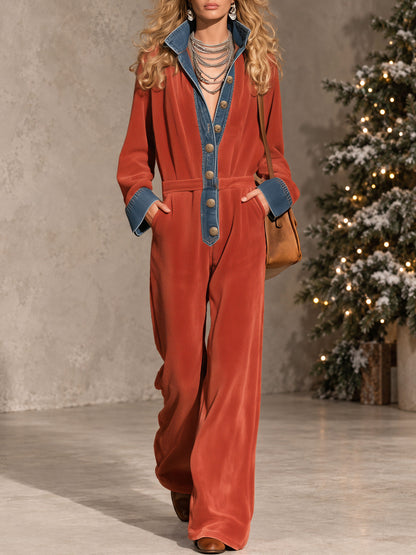 Fashionable Retro Long-sleeved Denim Red Fleece Jumpsuit
