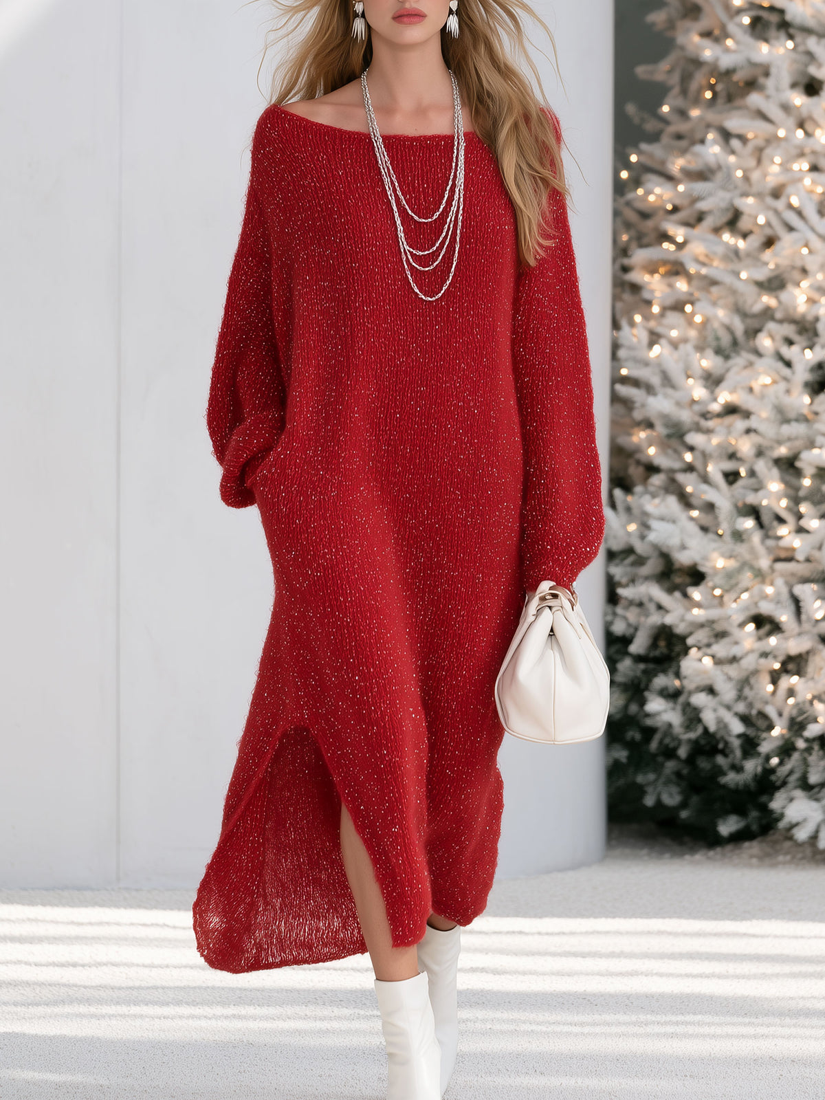 Fashionable Long-sleeved Boat Neck Silver-threaded Red Mohair Knit Midi Dress