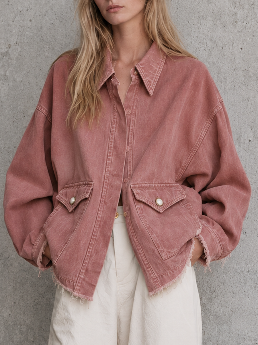 Oversized Washed Denim Jacket with Frayed Hem