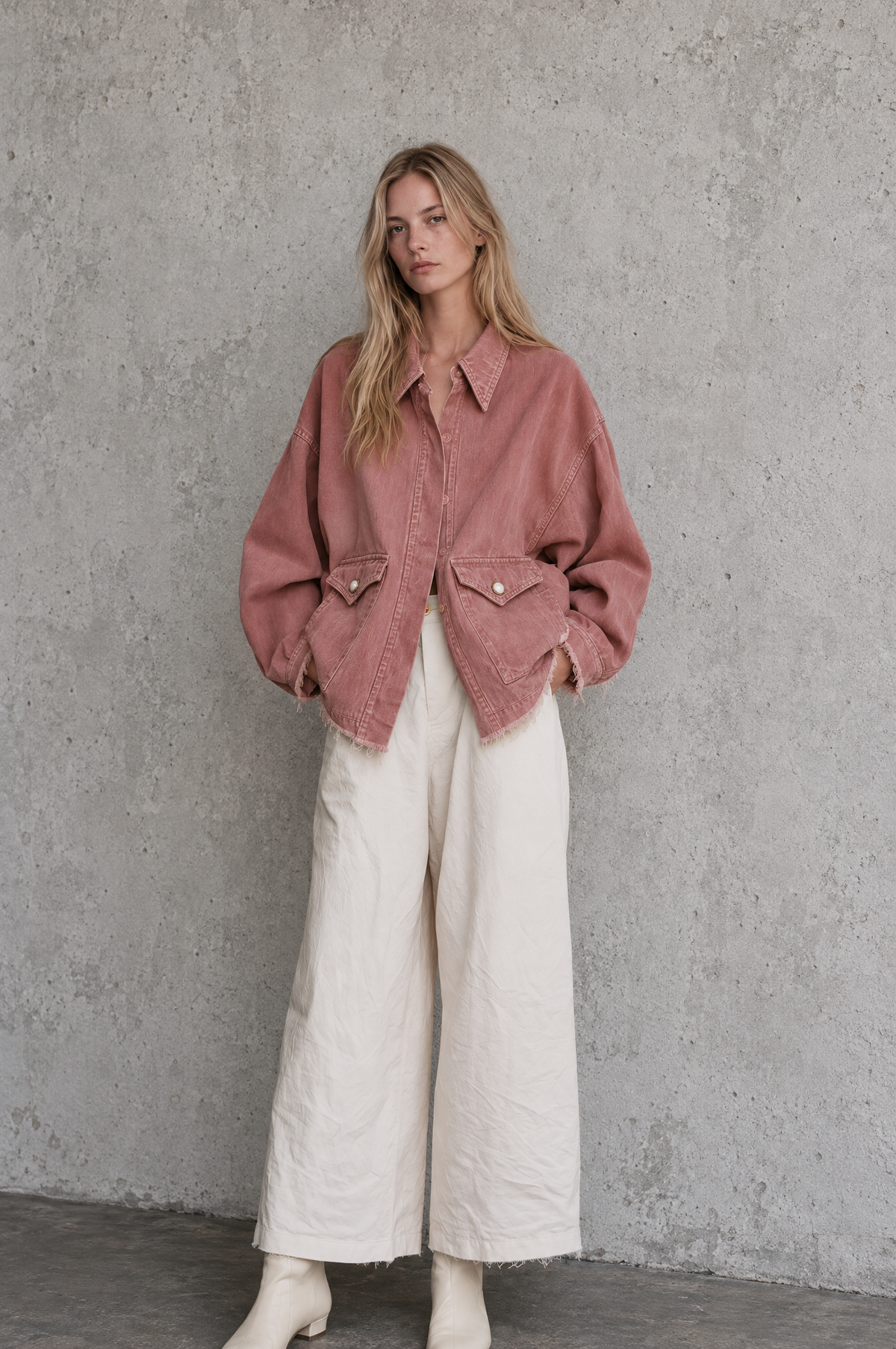 Oversized Washed Denim Jacket with Frayed Hem