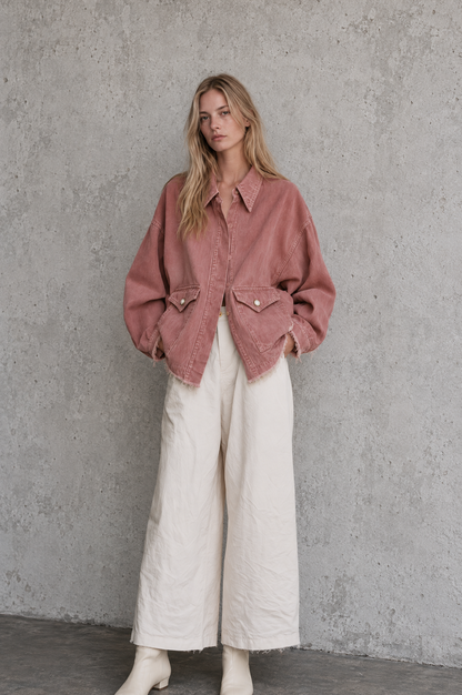 Oversized Washed Denim Jacket with Frayed Hem