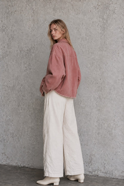 Oversized Washed Denim Jacket with Frayed Hem