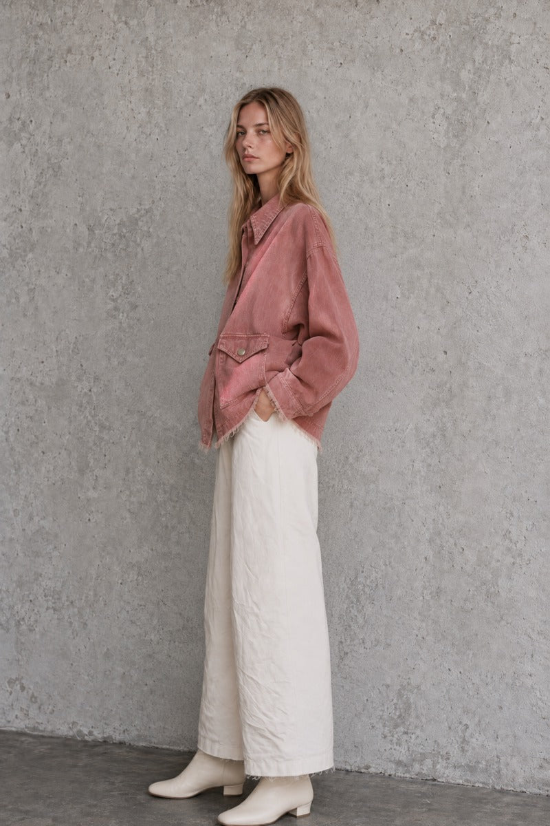 Oversized Washed Denim Jacket with Frayed Hem