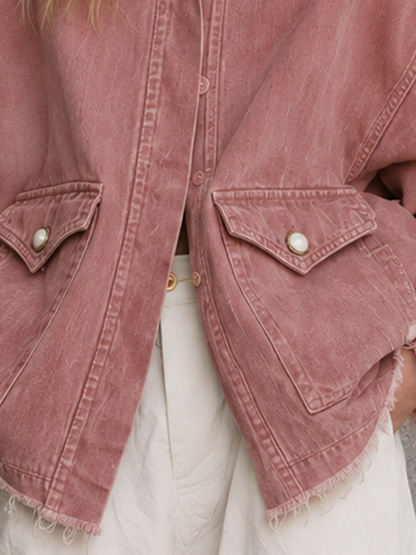 Oversized Washed Denim Jacket with Frayed Hem