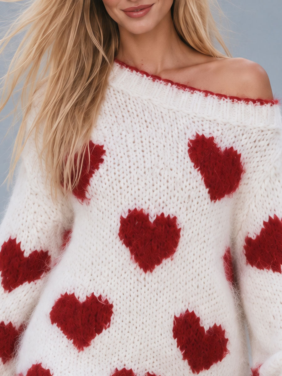 Retro-elegant Color-blocked Heart-patterned White Knitted One-shoulder Mini Dress