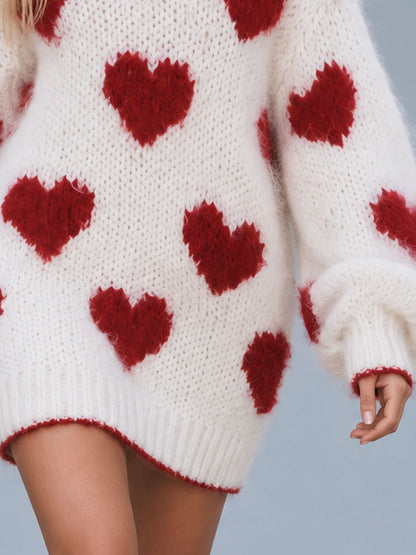 Retro-elegant Color-blocked Heart-patterned White Knitted One-shoulder Mini Dress