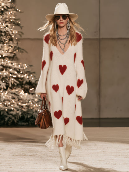 Stylish Long-sleeved V-neck Heart-patterned White Mohair Knit Tassel Midi Dress