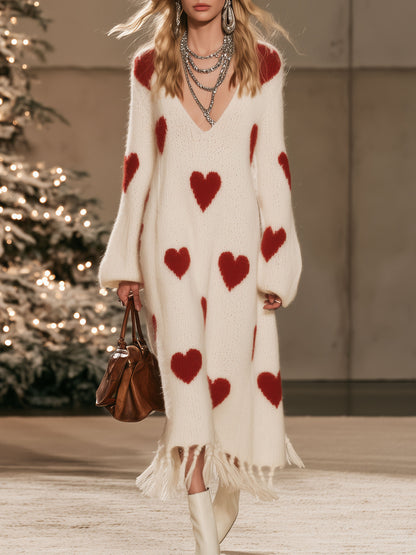 Stylish Long-sleeved V-neck Heart-patterned White Mohair Knit Tassel Midi Dress