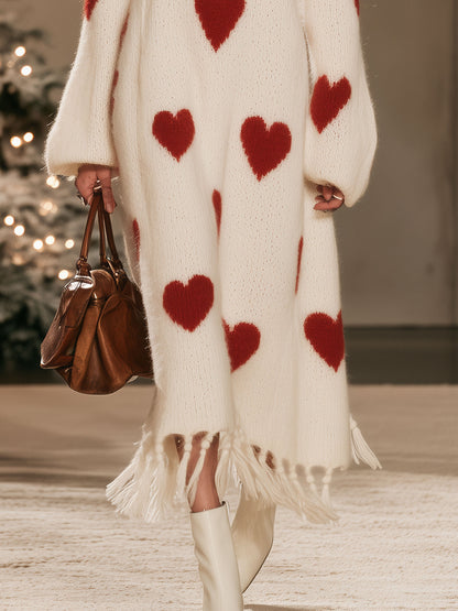 Stylish Long-sleeved V-neck Heart-patterned White Mohair Knit Tassel Midi Dress
