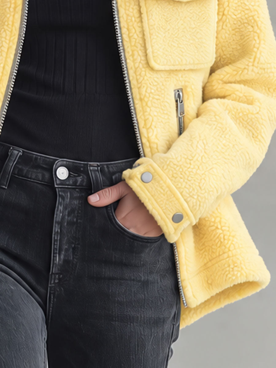 Retro Chic Yellow Pocket Zip-up Fleece Coat