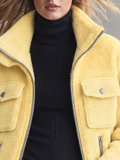 Retro Chic Yellow Pocket Zip-up Fleece Coat
