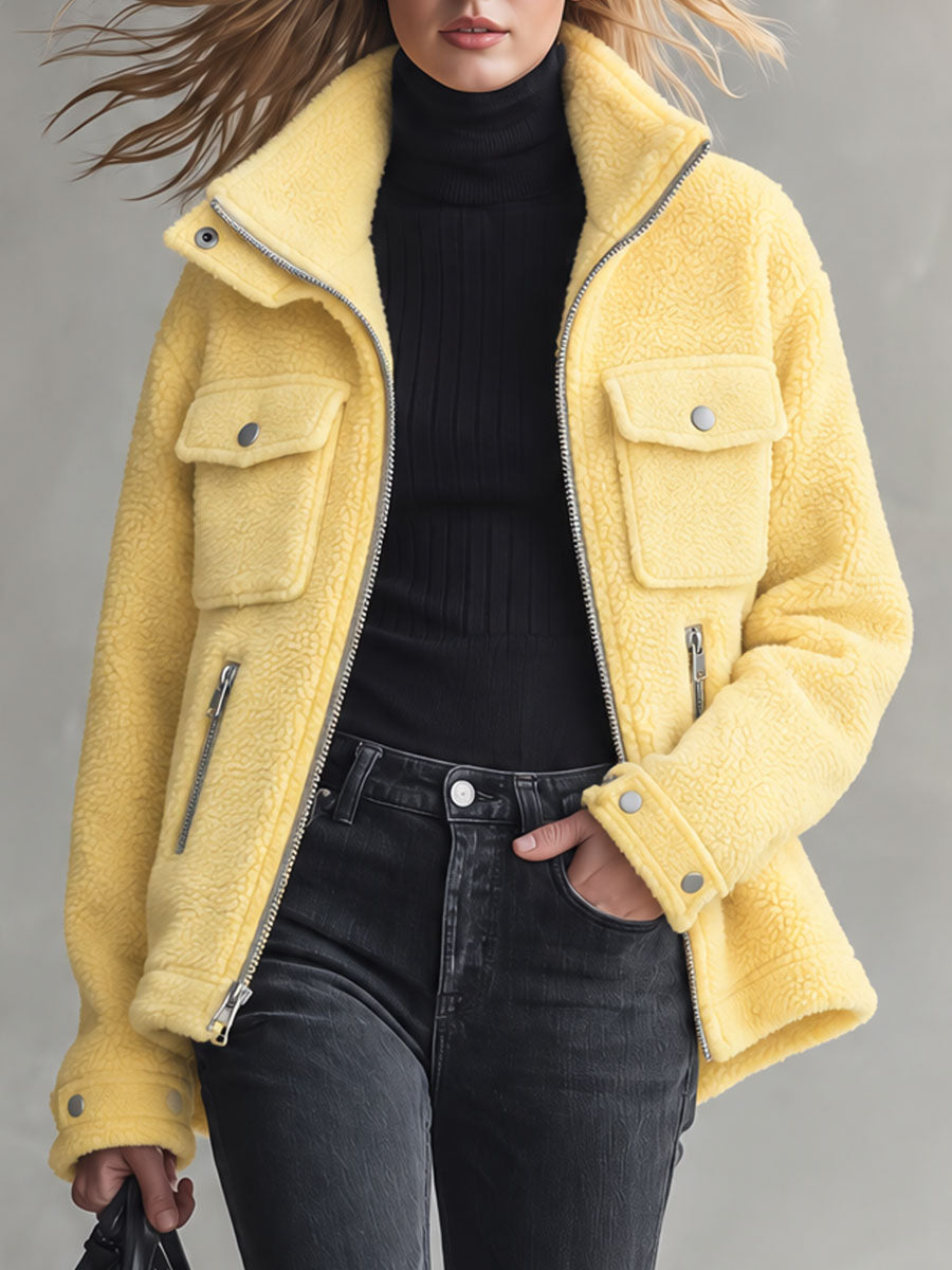 Retro Chic Yellow Pocket Zip-up Fleece Coat