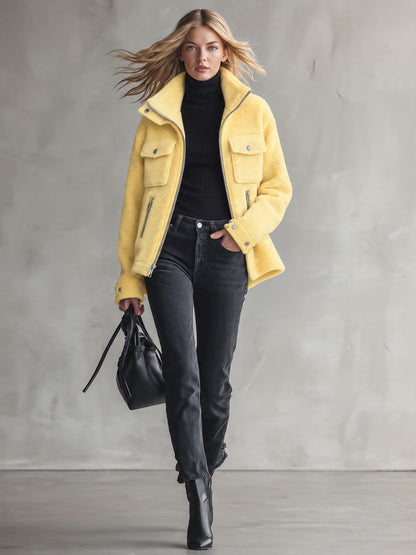 Retro Chic Yellow Pocket Zip-up Fleece Coat