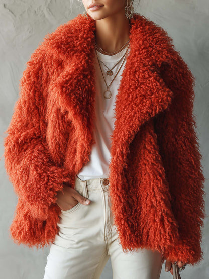 Retro Glam Burnt Orange Mongolian Curly Faux Fur Oversized Lapel Shaggy Jacket