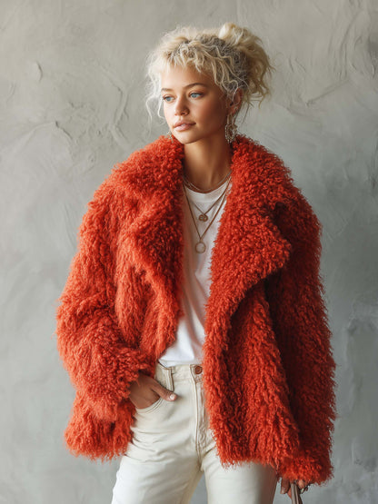 Retro Glam Burnt Orange Mongolian Curly Faux Fur Oversized Lapel Shaggy Jacket