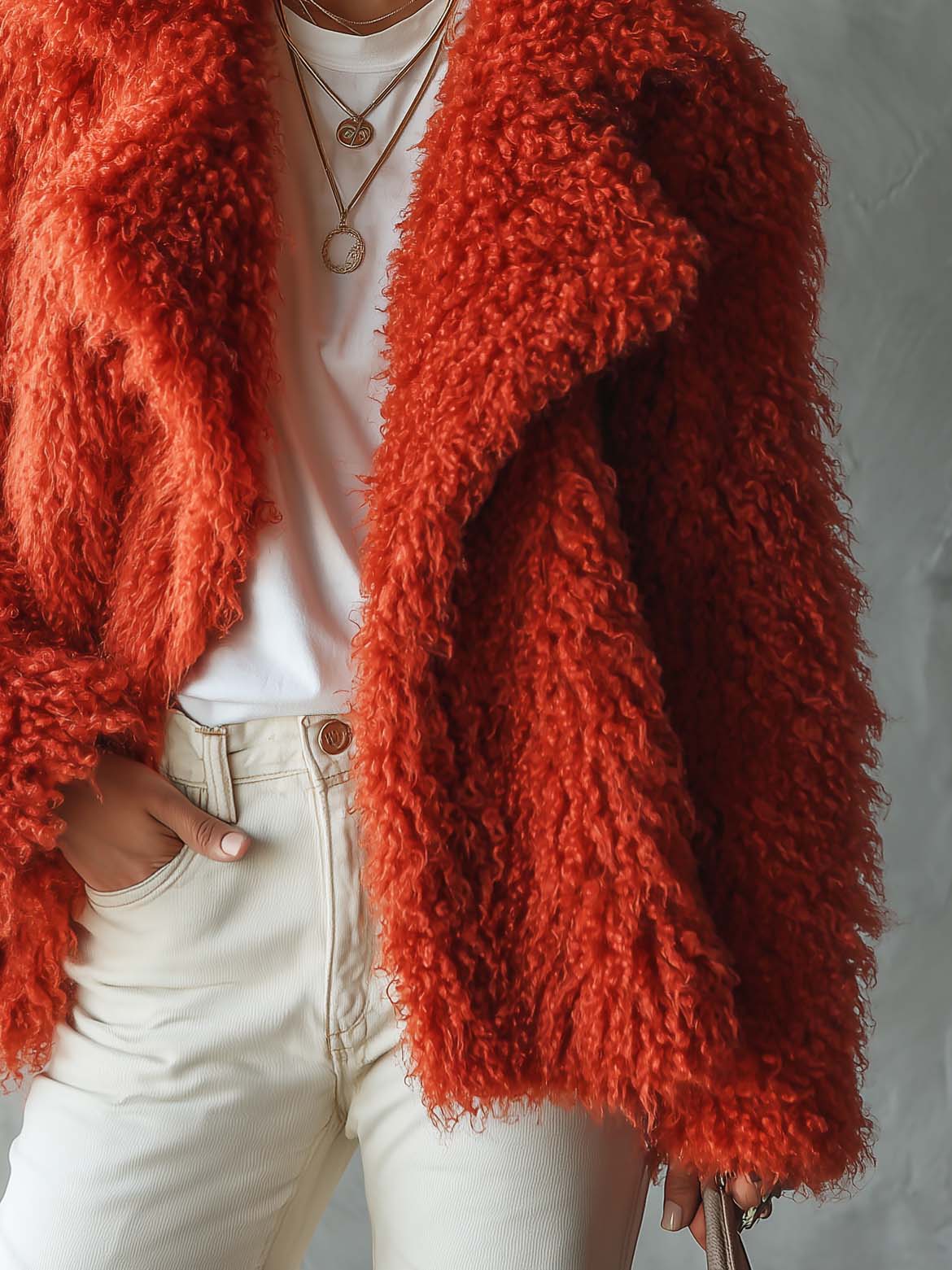 Retro Glam Burnt Orange Mongolian Curly Faux Fur Oversized Lapel Shaggy Jacket