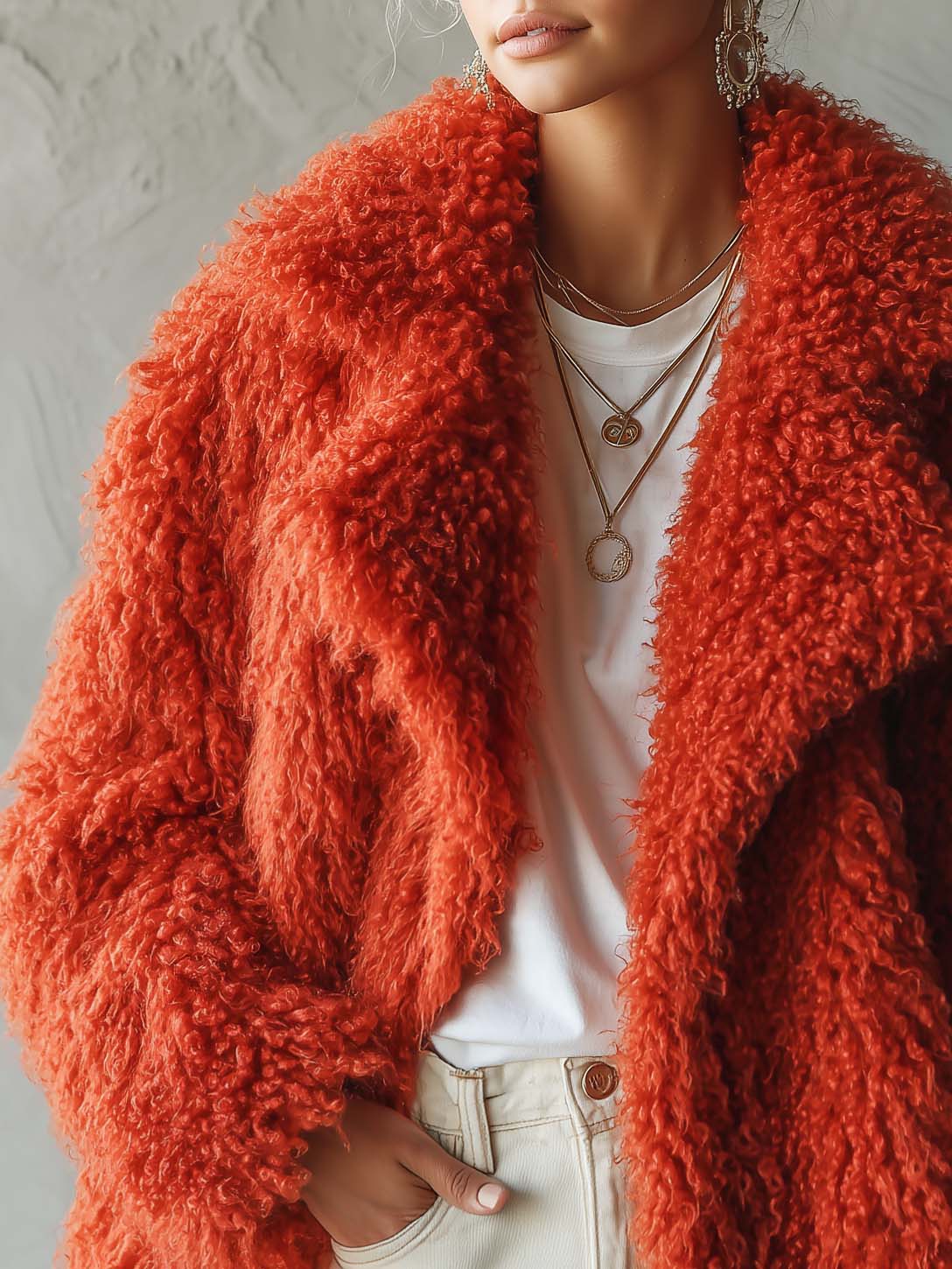 Retro Glam Burnt Orange Mongolian Curly Faux Fur Oversized Lapel Shaggy Jacket