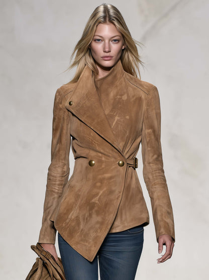Western Chic Camel Faux Suede Asymmetric Wrap Belted Stand Collar Jacket