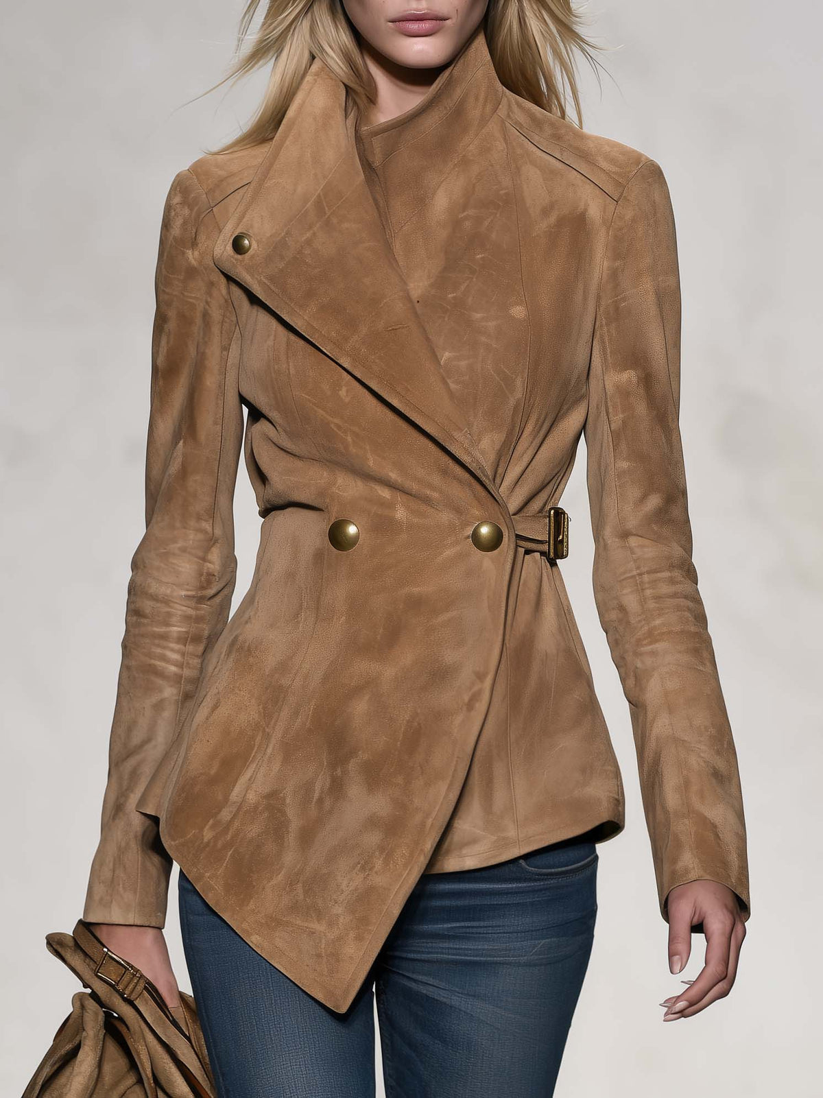 Western Chic Camel Faux Suede Asymmetric Wrap Belted Stand Collar Jacket
