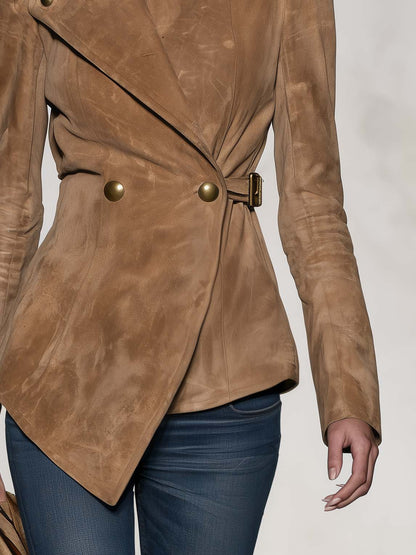 Western Chic Camel Faux Suede Asymmetric Wrap Belted Stand Collar Jacket