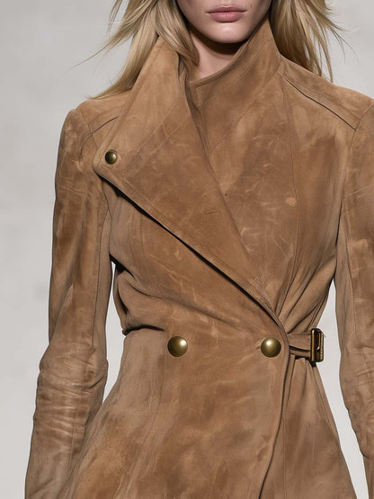 Western Chic Camel Faux Suede Asymmetric Wrap Belted Stand Collar Jacket
