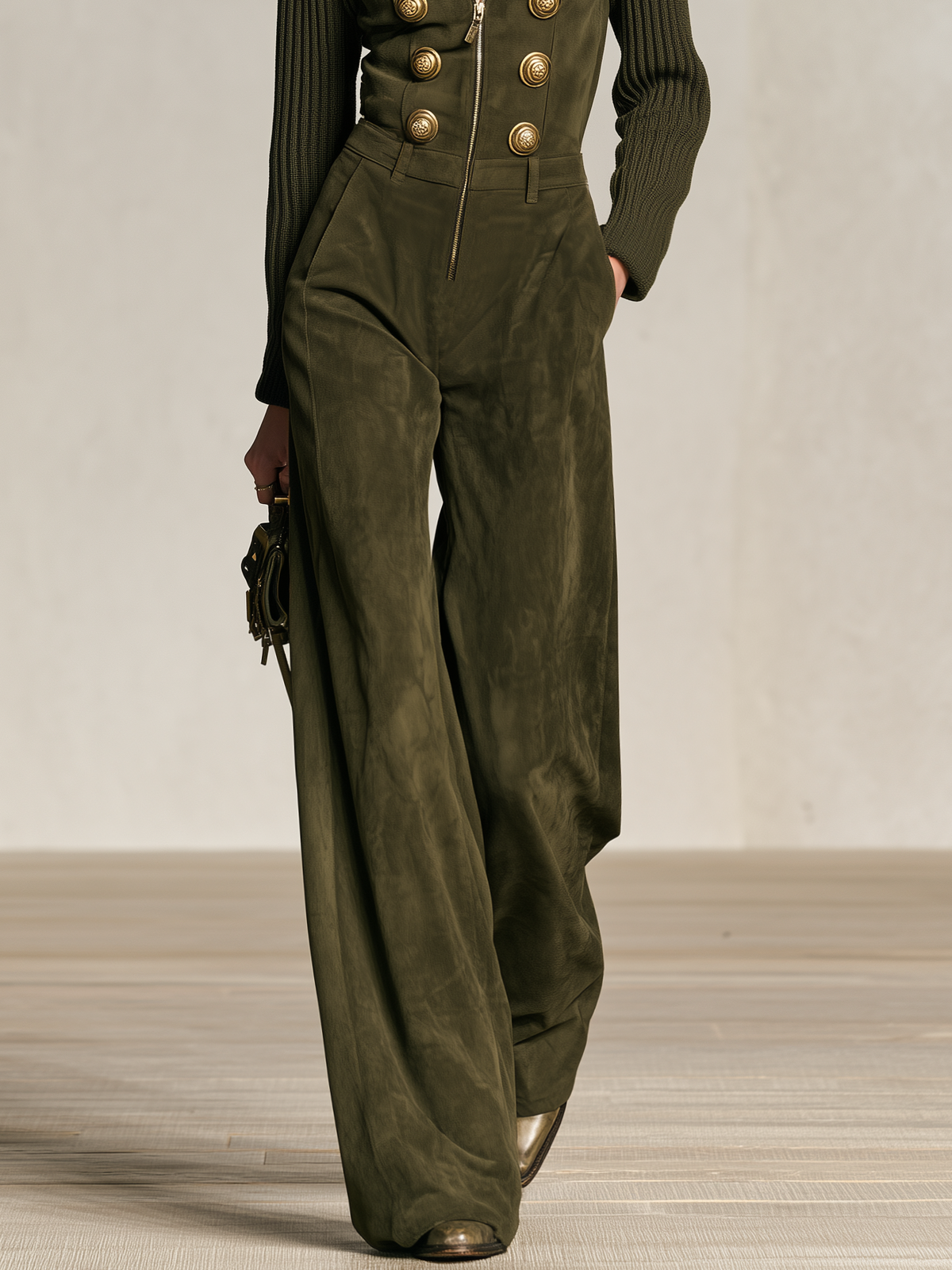 Retro-casual Elegant Faux-suede Jumpsuit With Raglan Knit Sleeves