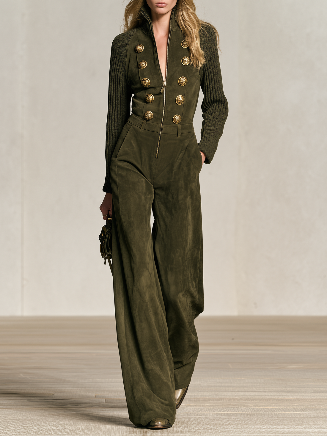 Retro-casual Elegant Faux-suede Jumpsuit With Raglan Knit Sleeves