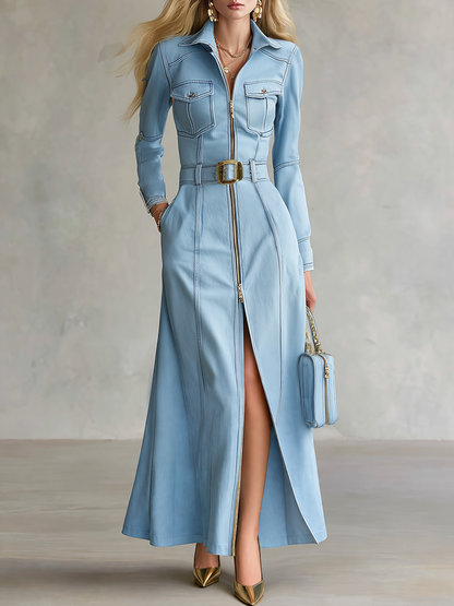 Light Wash Belted Denim Maxi Dress With Front Zip