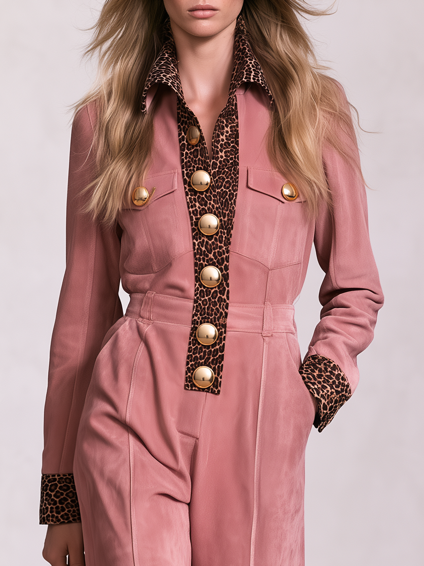 Retro-casual Western-style Leopard Print Faux Suede Jumpsuit