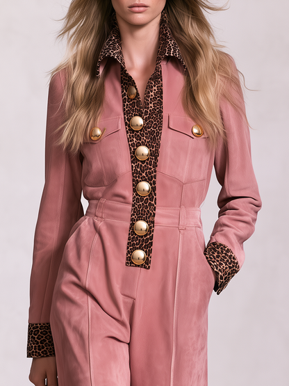 Retro-casual Western-style Leopard Print Faux Suede Jumpsuit