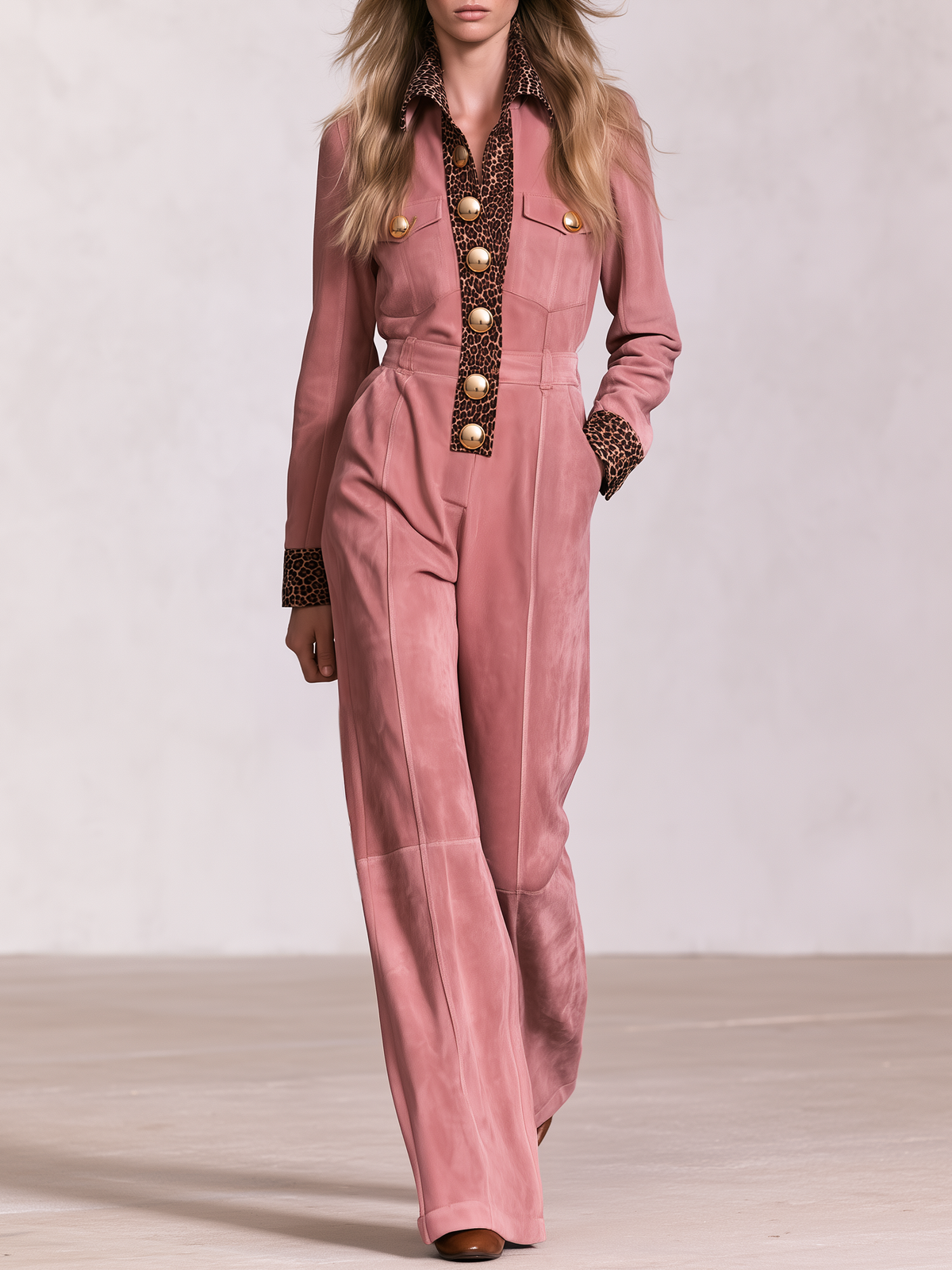Retro-casual Western-style Leopard Print Faux Suede Jumpsuit