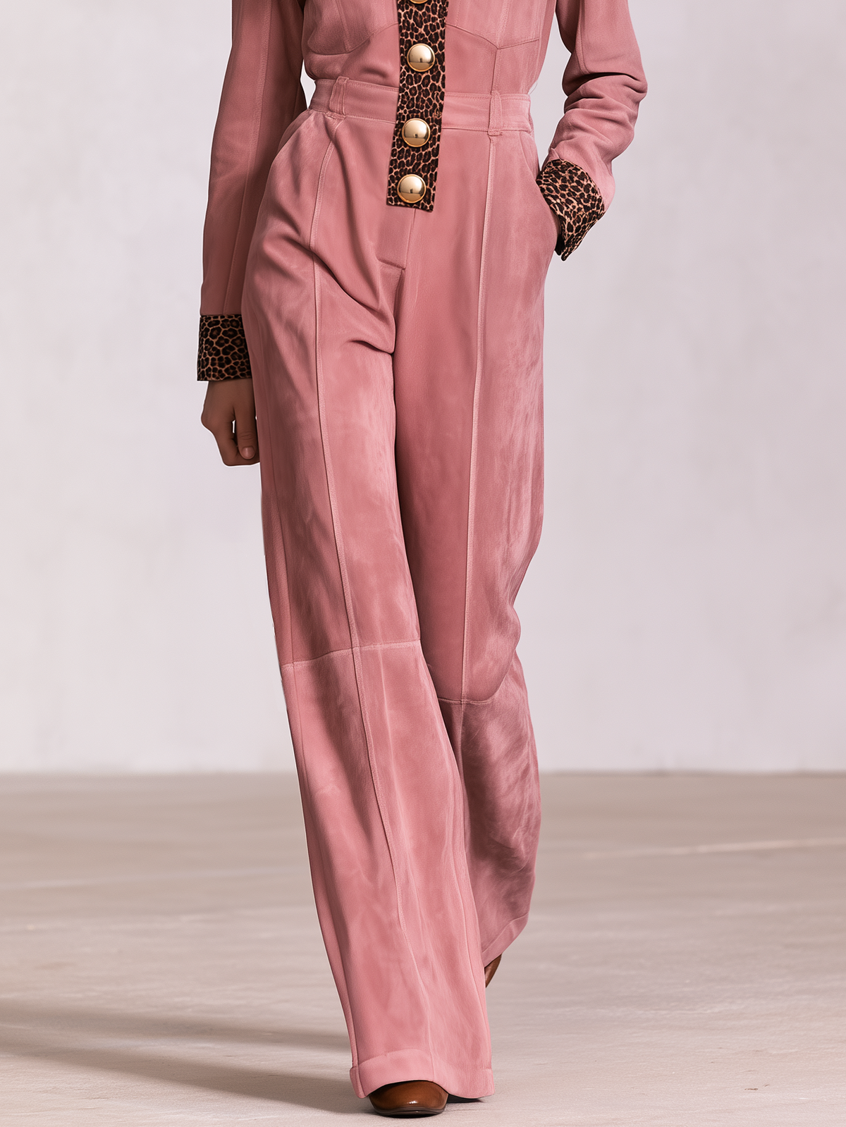 Retro-casual Western-style Leopard Print Faux Suede Jumpsuit