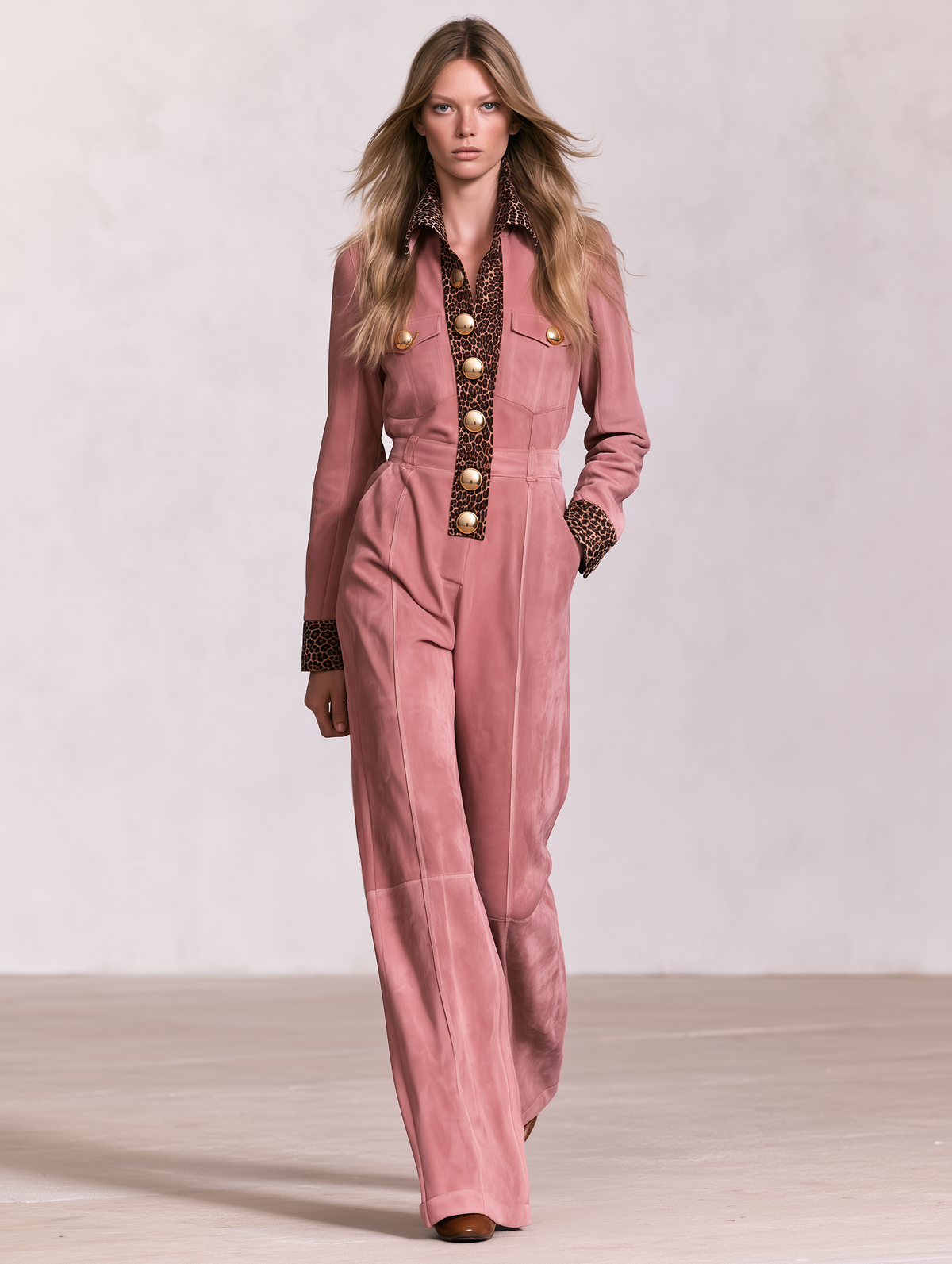 Retro-casual Western-style Leopard Print Faux Suede Jumpsuit