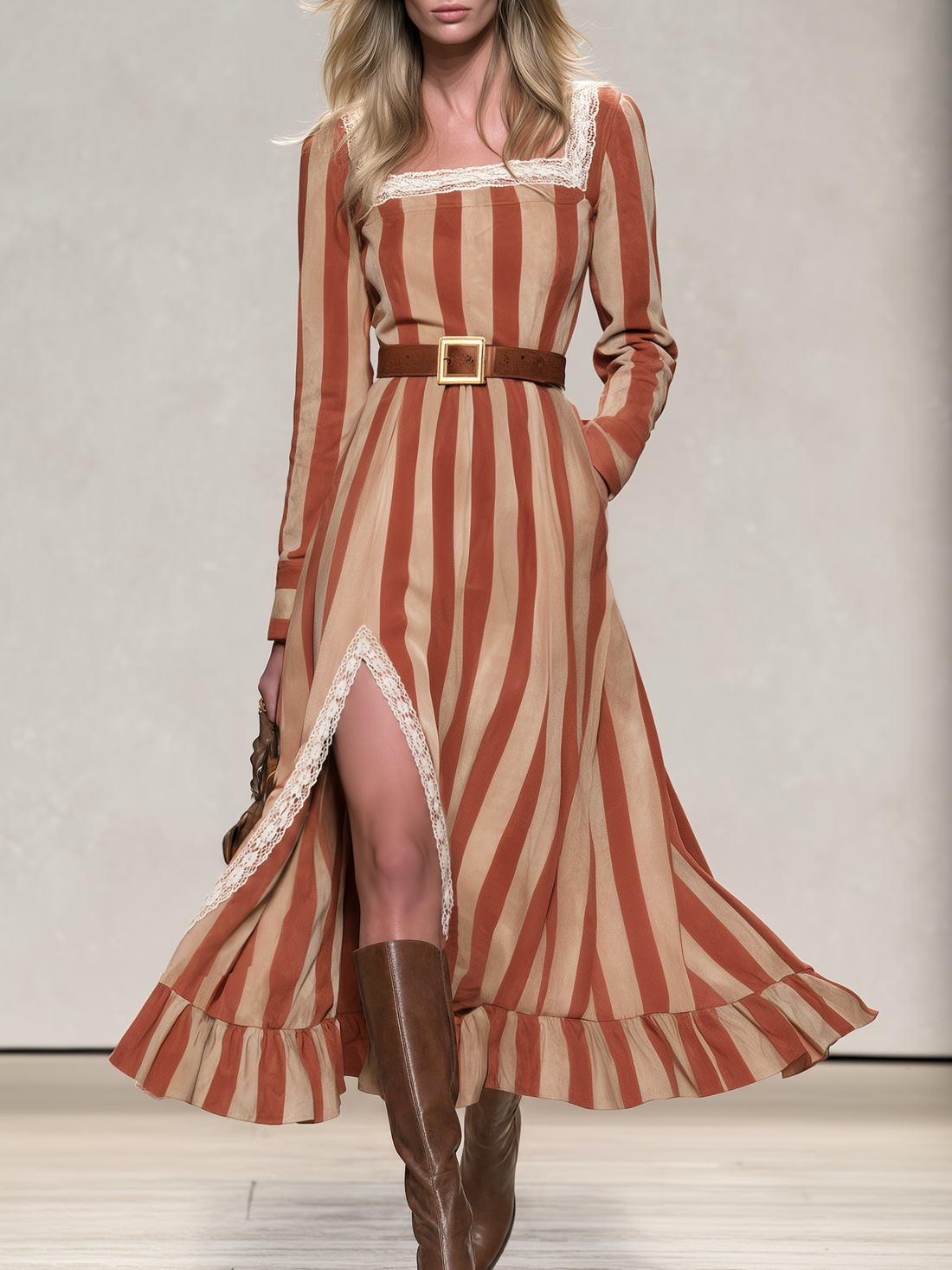 Vintage-style Casual Western-inspired Faux Suede Printed Dress With Lace Trim