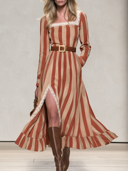 Vintage-style Casual Western-inspired Faux Suede Printed Dress With Lace Trim