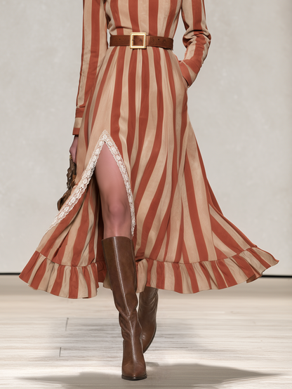Vintage-style Casual Western-inspired Faux Suede Printed Dress With Lace Trim