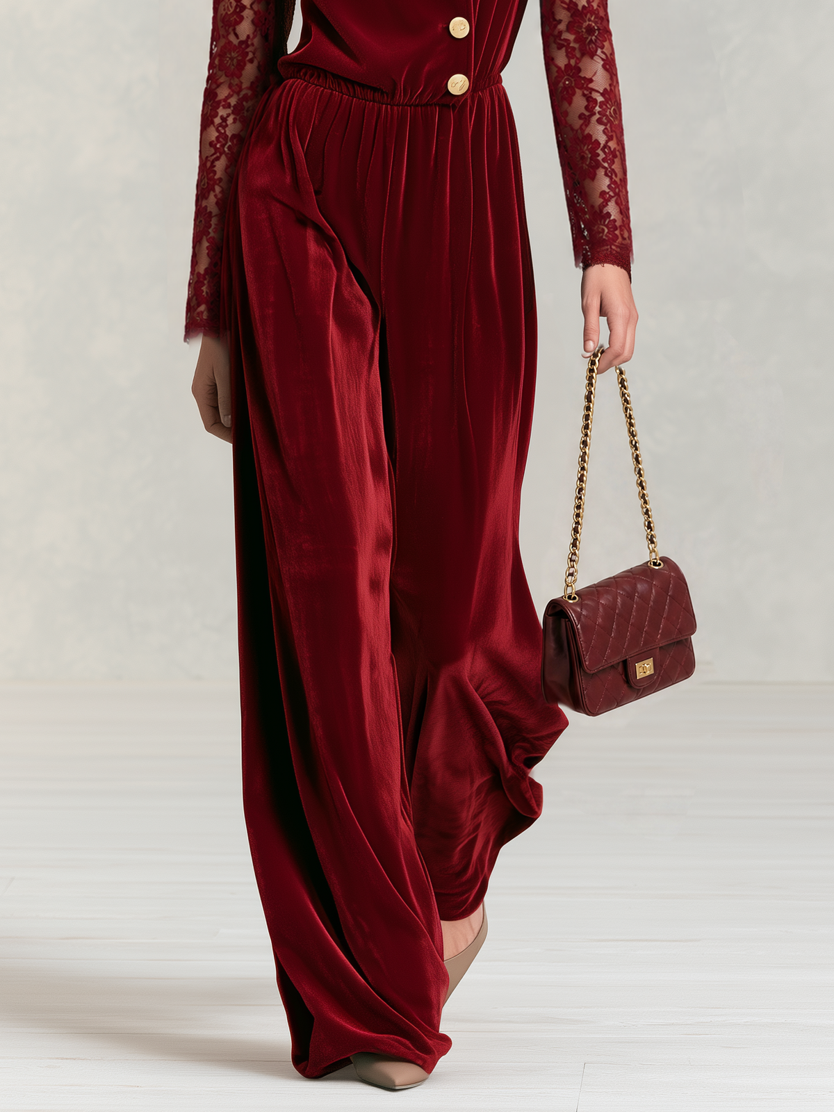 Vintage-style Velvet Jumpsuit With Exquisite, Elegant Lace Sleeves