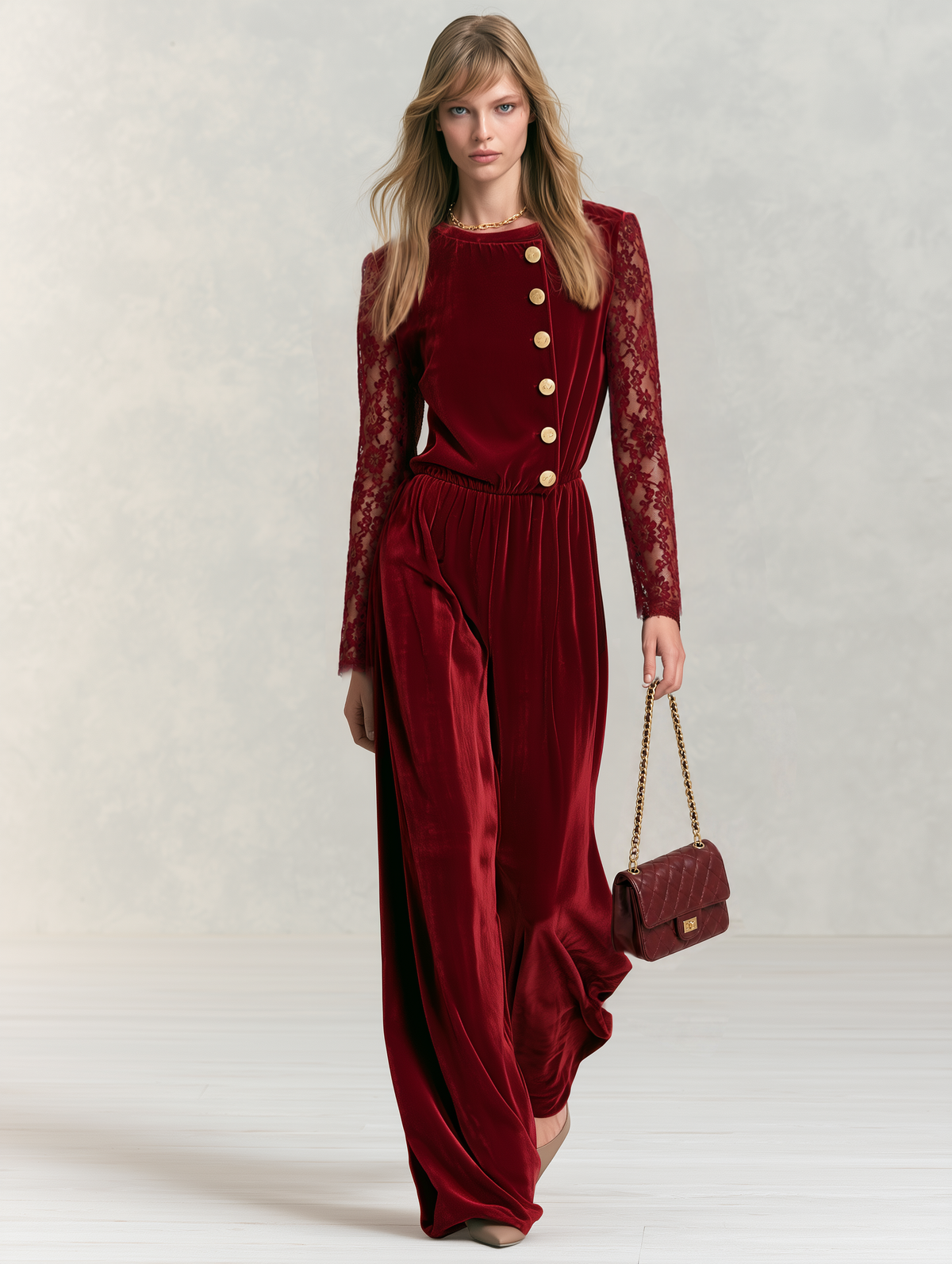 Vintage-style Velvet Jumpsuit With Exquisite, Elegant Lace Sleeves