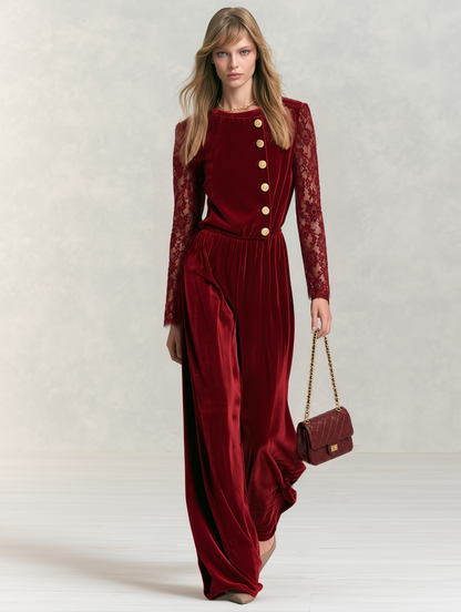 Vintage-style Velvet Jumpsuit With Exquisite, Elegant Lace Sleeves