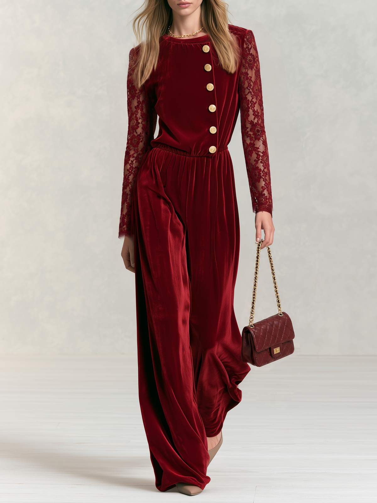 Vintage-style Velvet Jumpsuit With Exquisite, Elegant Lace Sleeves