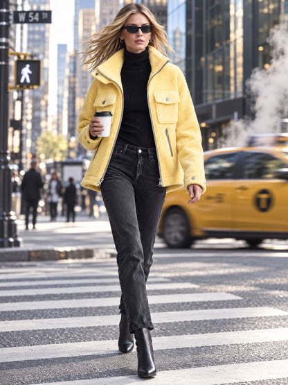 Retro Chic Yellow Pocket Zip-up Fleece Coat