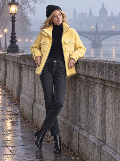 Retro Chic Yellow Pocket Zip-up Fleece Coat
