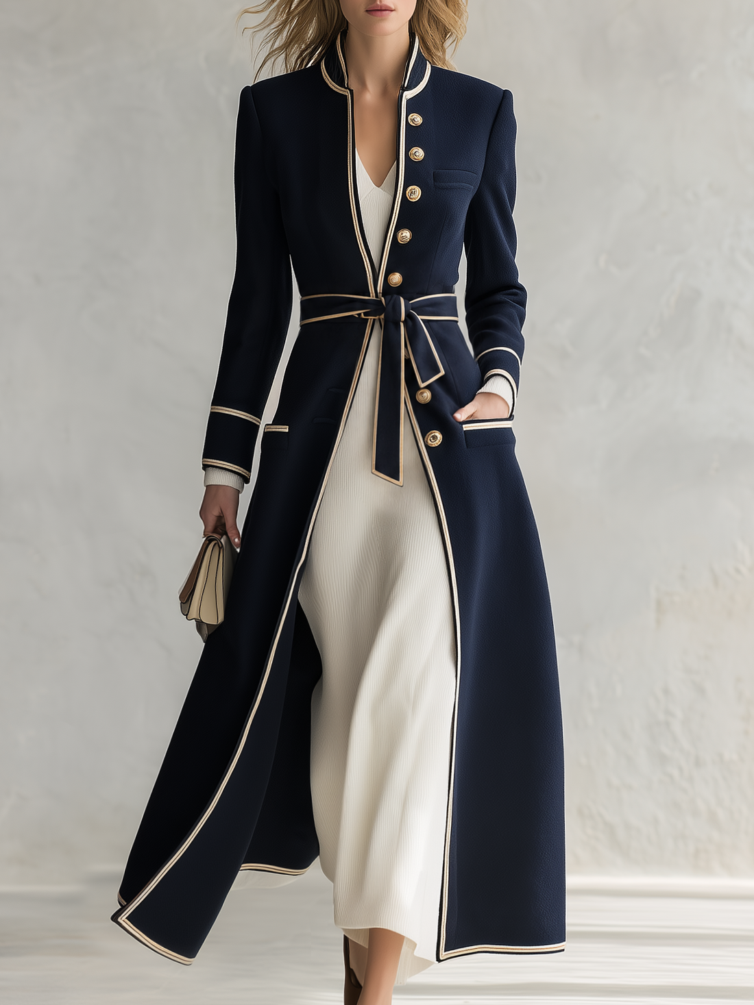Retro-chic Casual Wool-blend Coat With Color-contrast Trim