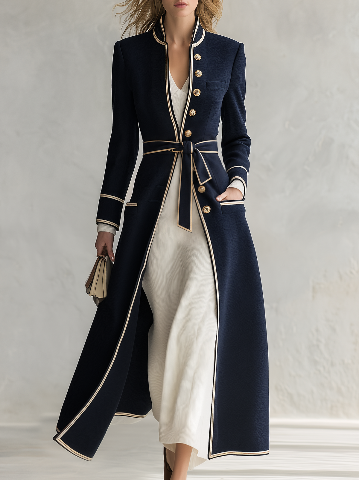 Retro-chic Casual Wool-blend Coat With Color-contrast Trim