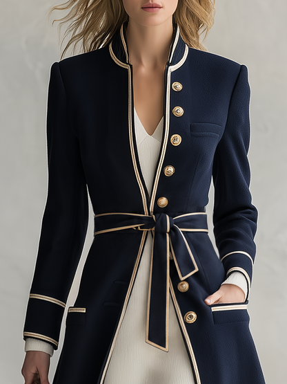 Retro-chic Casual Wool-blend Coat With Color-contrast Trim