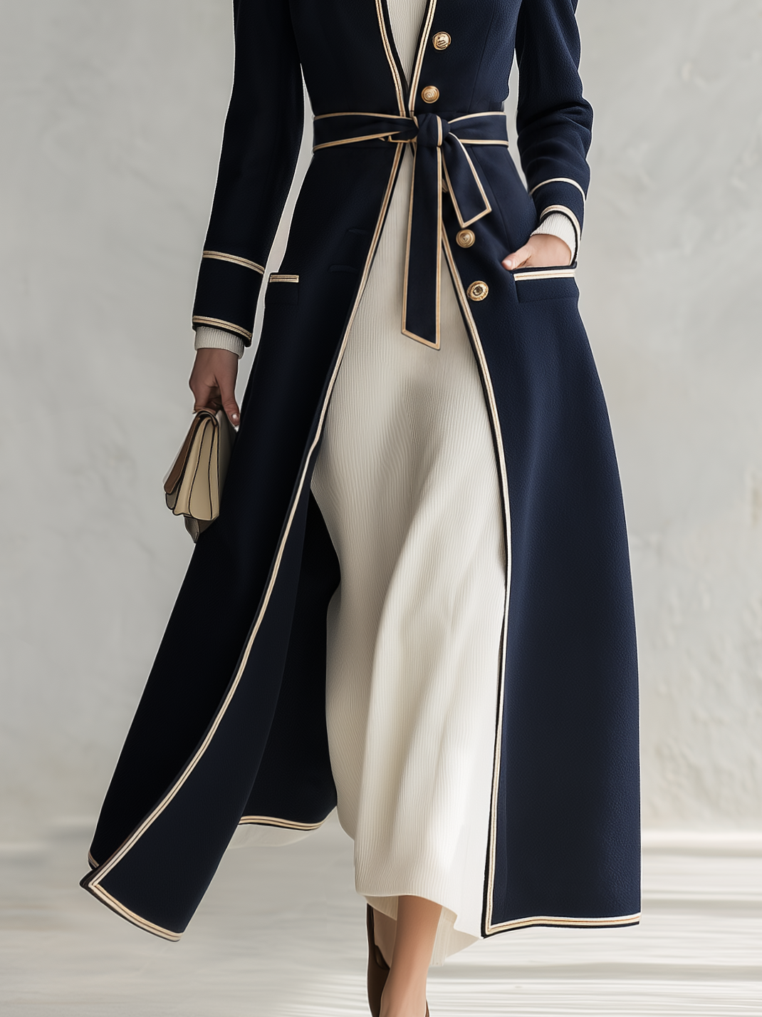 Retro-chic Casual Wool-blend Coat With Color-contrast Trim