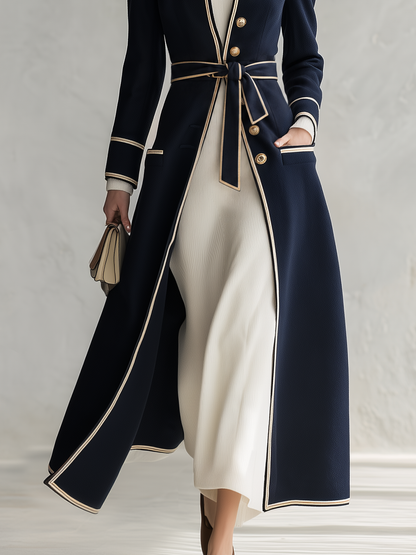 Retro-chic Casual Wool-blend Coat With Color-contrast Trim